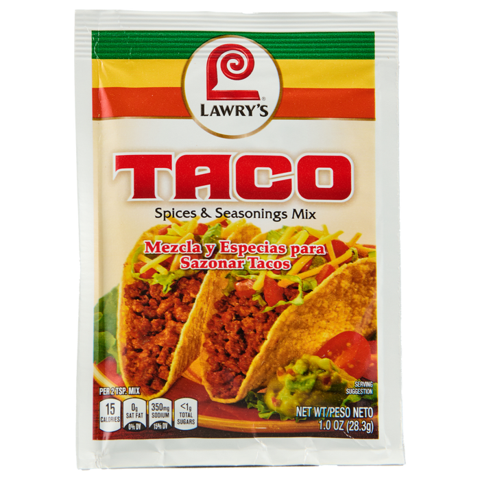 ["A Lawry's Taco Spices &amp; Seasonings Mix packet with a picture of tacos on the front."]