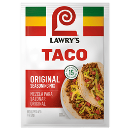 A Lawry's Taco Spices &amp; Seasonings Mix packet with a picture of tacos on the front.
