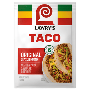 A Lawry's Taco Spices &amp; Seasonings Mix packet with a picture of tacos on the front.