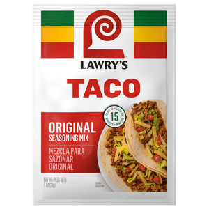 A Lawry's Taco Spices &amp; Seasonings Mix packet with a picture of tacos on the front.