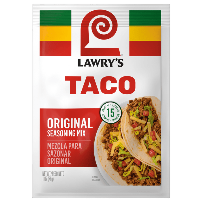 A Lawry's Taco Spices &amp; Seasonings Mix packet with a picture of tacos on the front.
