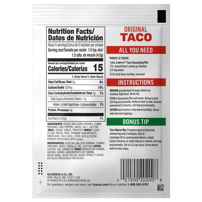Lawry's Taco Seasoning packet with nutrition information and instructions for making tacos.