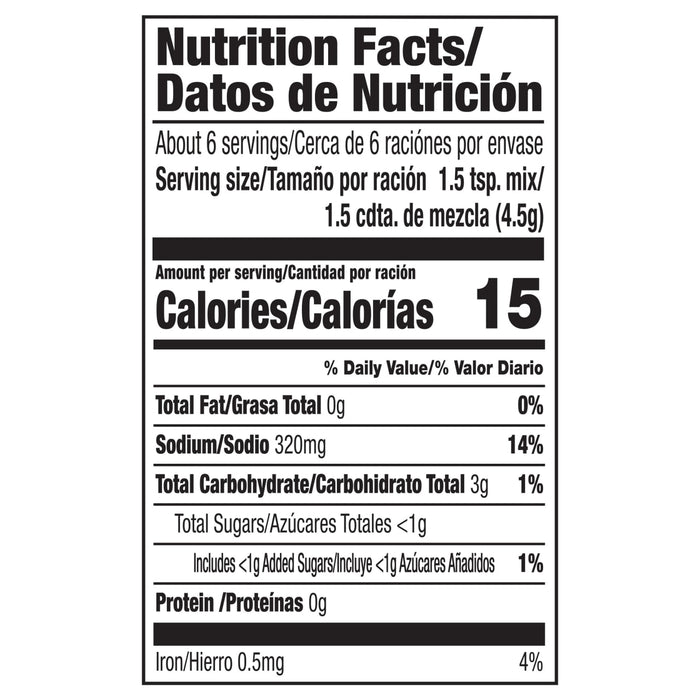 Nutrition facts label for a product with 15 calories per serving.
