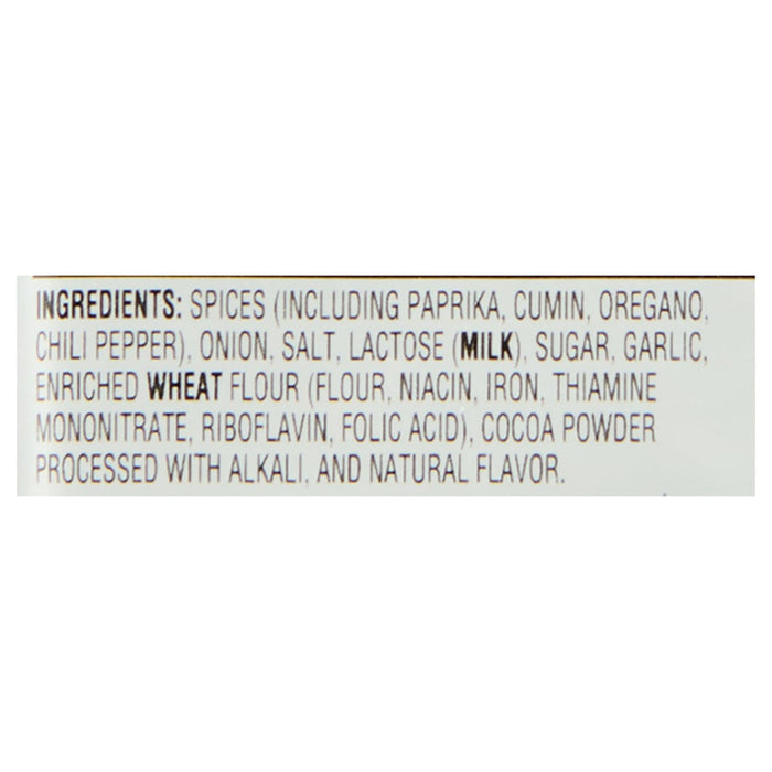 ['A list of ingredients for a product, including spices, onion, salt, lactose, sugar, garlic, enriched wheat flour, cocoa powder, and natural flavor.']
