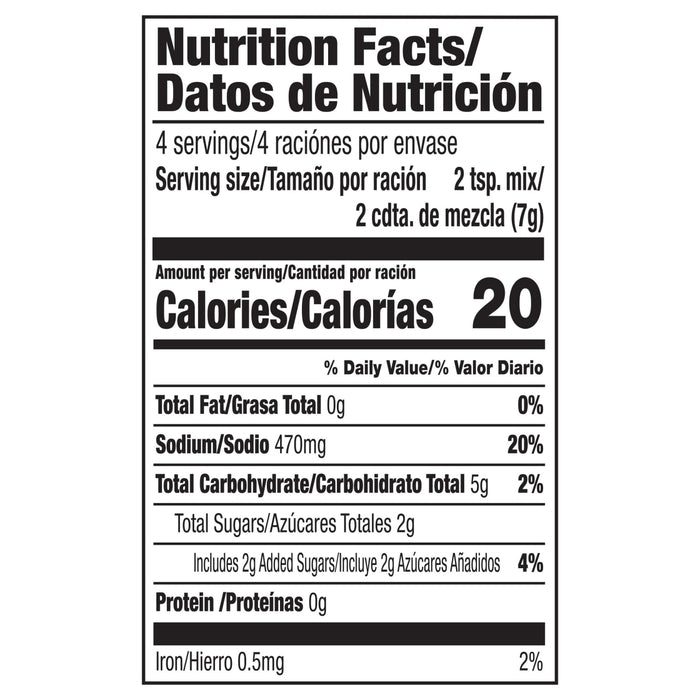 This is a nutrition facts label showing a serving size of 2 teaspoons, 20 calories, 0g of total fat, 480mg of sodium, 5g of total carbohydrates, 3g of total sugars, and 0g of protein.