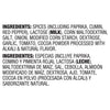 The image shows an ingredients list that includes spices, paprika, cumin, red pepper, lactose, corn maltodextrin, salt, onion, modified cornstarch, dextrose, garlic, tomato, and cocoa powder.