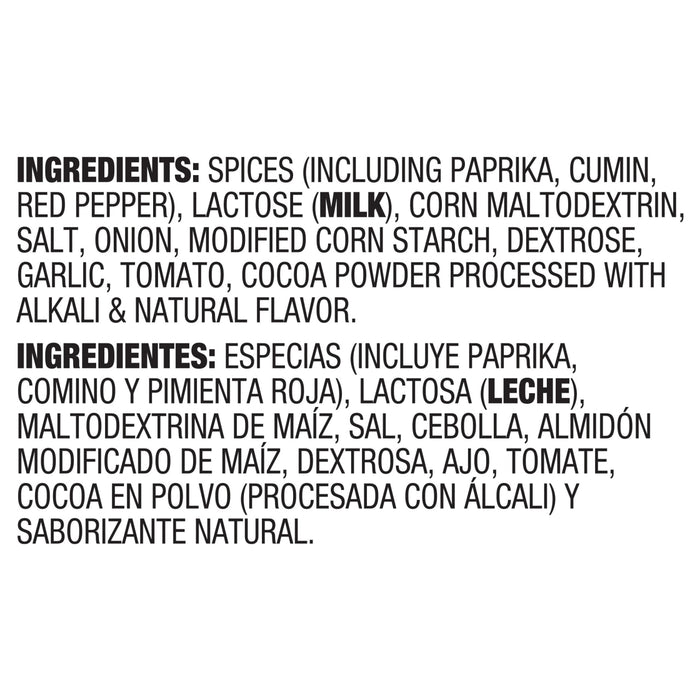 The image shows an ingredients list that includes spices, paprika, cumin, red pepper, lactose, corn maltodextrin, salt, onion, modified cornstarch, dextrose, garlic, tomato, and cocoa powder.