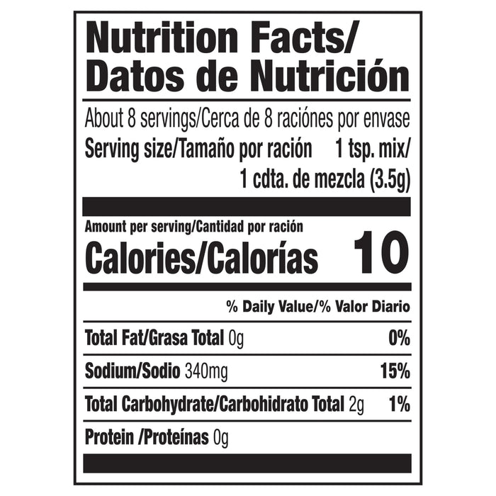 This is a nutrition facts label showing that one teaspoon of the product contains 10 calories, 0g of total fat, 340mg of sodium, 2g of total carbohydrate, and 0g of protein.