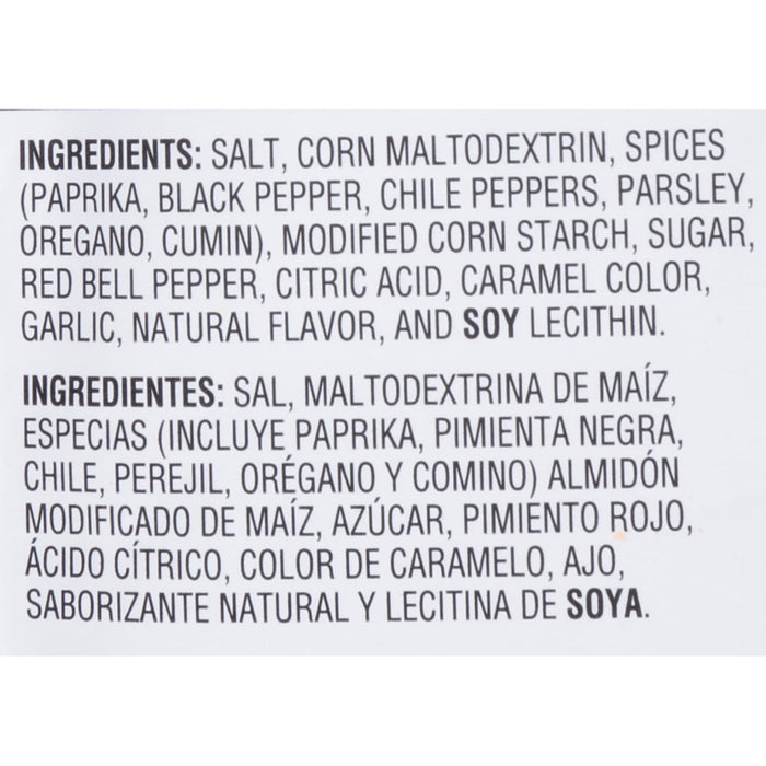['Ingredients list for a seasoning blend, including salt, corn maltodextrin, spices, and soy lecithin.']