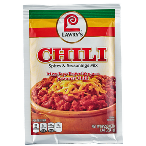 ["A Lawry's Chili Spices &amp; Seasonings Mix packet with a picture of chili on the front."]