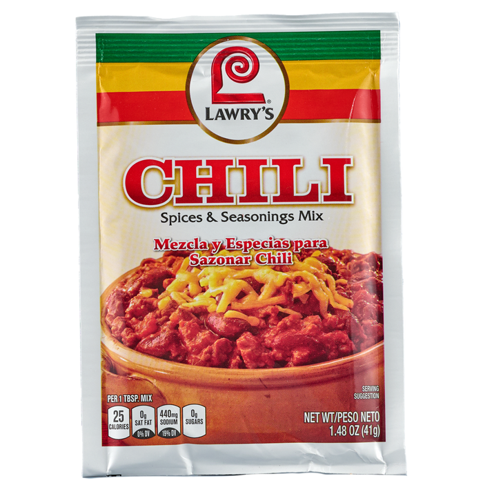 ["A Lawry's Chili Spices &amp; Seasonings Mix packet with a picture of chili on the front."]