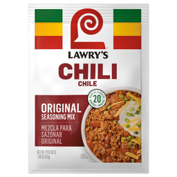 Lawry's Original Chili seasoning mix packet is displayed.