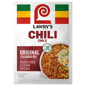 Lawry's Original Chili seasoning mix packet is displayed.