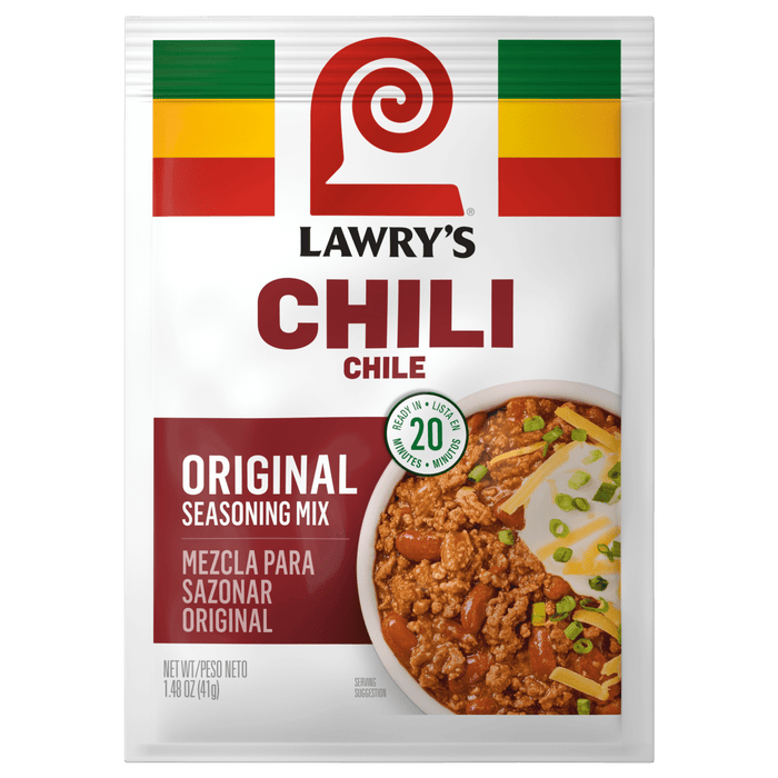 Lawry's Original Chili seasoning mix packet is displayed.