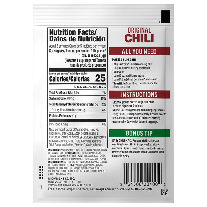 Lawry's Chili Spices &amp; Seasonings Mix package with nutrition facts and instructions on how to make chili.