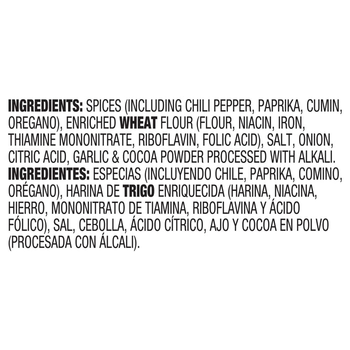 A list of ingredients for a seasoning blend, including spices, enriched wheat flour, and other additives.