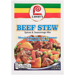 A package of Lawry's Beef Stew Spices &amp; Seasonings Mix is shown.