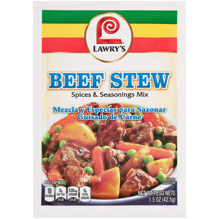 A package of Lawry's Beef Stew Spices &amp; Seasonings Mix is shown.