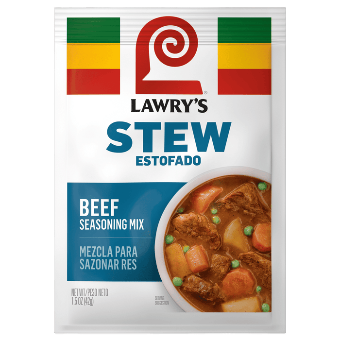 A package of Lawry's Beef Stew Spices &amp; Seasonings Mix is shown.