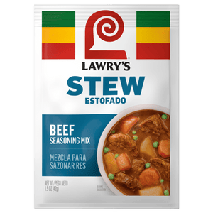 A package of Lawry's Beef Stew Spices &amp; Seasonings Mix is shown.