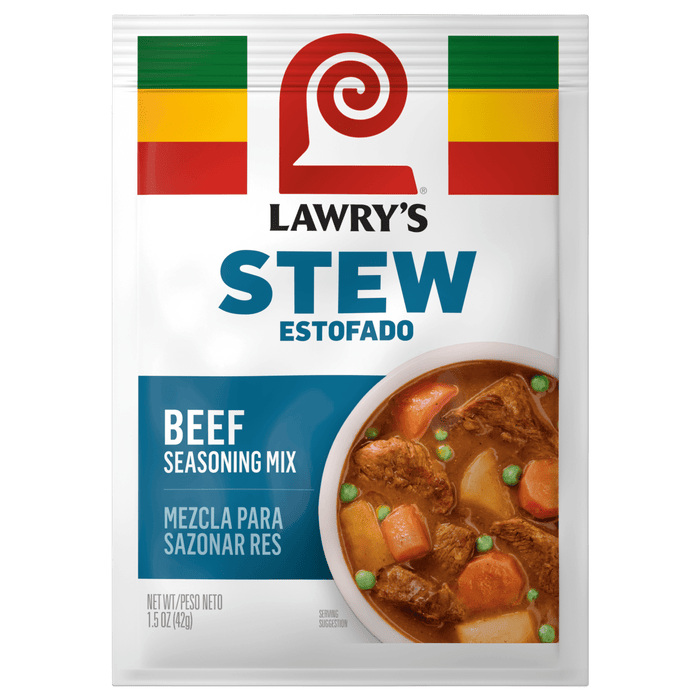 A package of Lawry's Beef Stew Spices &amp; Seasonings Mix is shown.