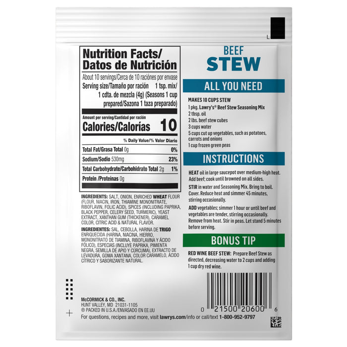 The image shows the back of a McCormick Beef Stew seasoning packet, providing nutrition facts and preparation instructions.
