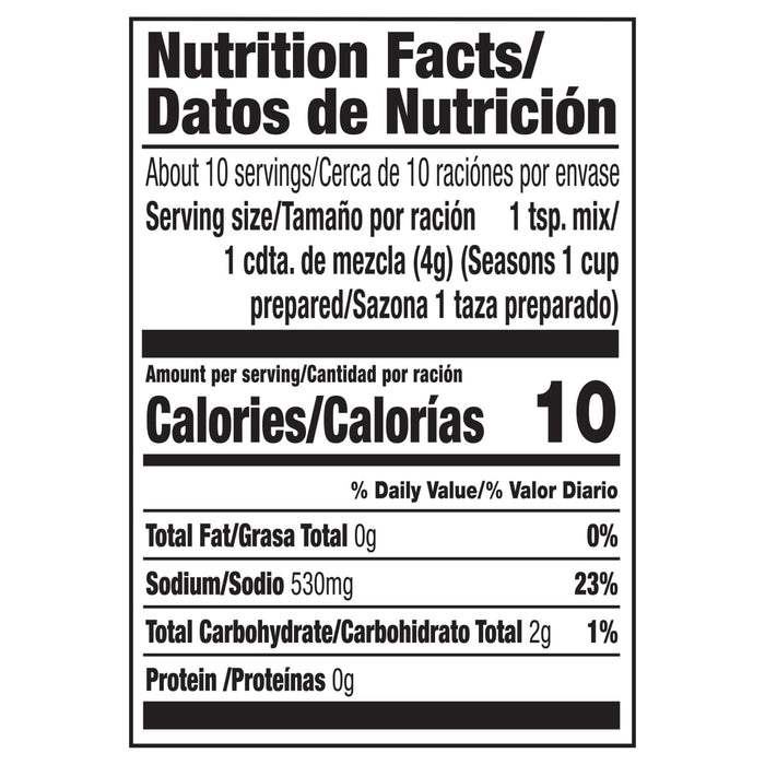 Nutrition facts label showing that one teaspoon of the product contains 10 calories, 130mg of sodium, and 1g of carbohydrates.