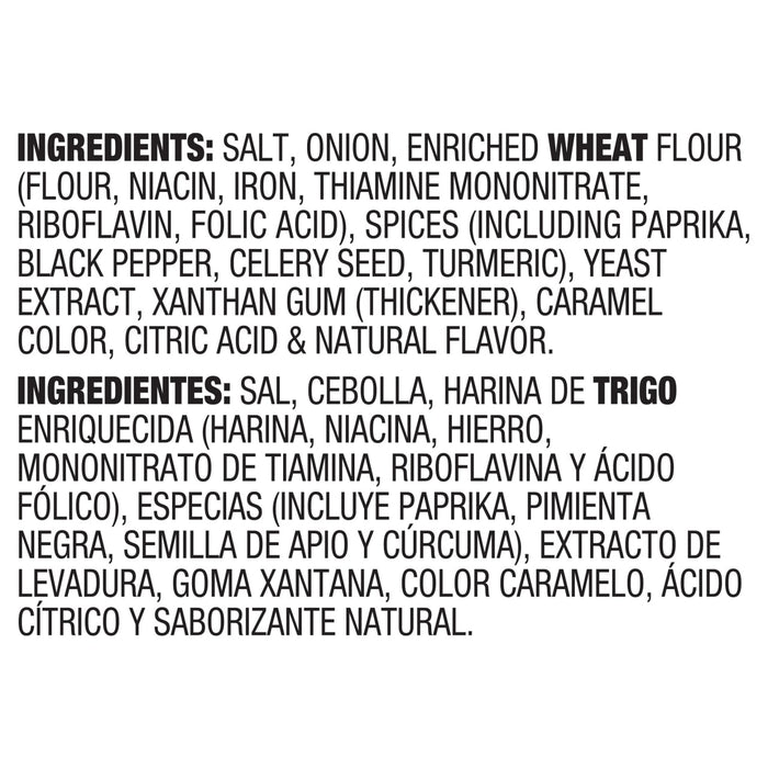 The image shows the ingredient list for a food product, including salt, onion, enriched wheat flour, and various spices.
