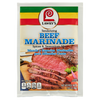 ["A Lawry's Beef Marinade packet with a picture of sliced beef on a cutting board."]