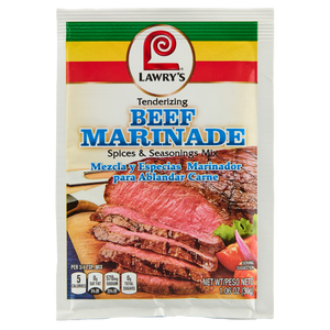 ["A Lawry's Beef Marinade packet with a picture of sliced beef on a cutting board."]