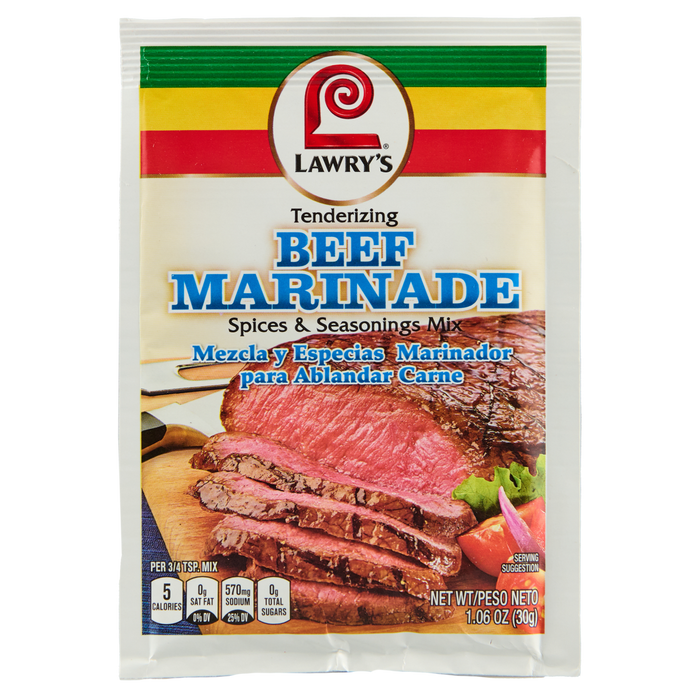 ["A Lawry's Beef Marinade packet with a picture of sliced beef on a cutting board."]