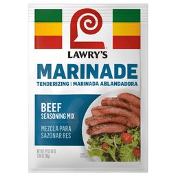 A Lawry's Beef Marinade packet with a picture of sliced beef on a cutting board.