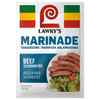 A Lawry's Beef Marinade packet with a picture of sliced beef on a cutting board.