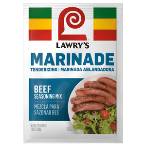 A Lawry's Beef Marinade packet with a picture of sliced beef on a cutting board.