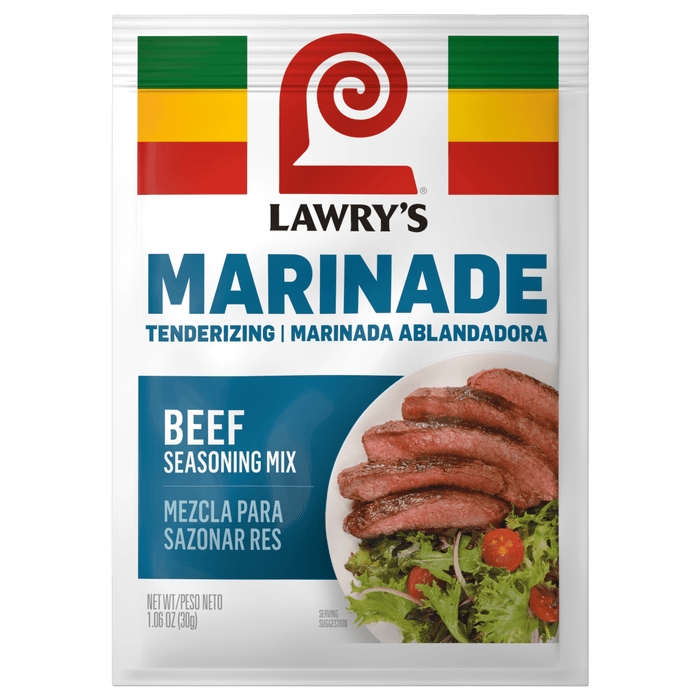 A Lawry's Beef Marinade packet with a picture of sliced beef on a cutting board.