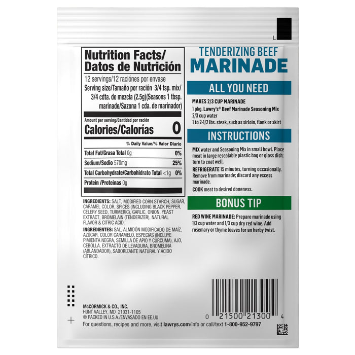 Lawry's Beef Marinade Spices &amp; Seasonings Mix package with nutrition facts and instructions.