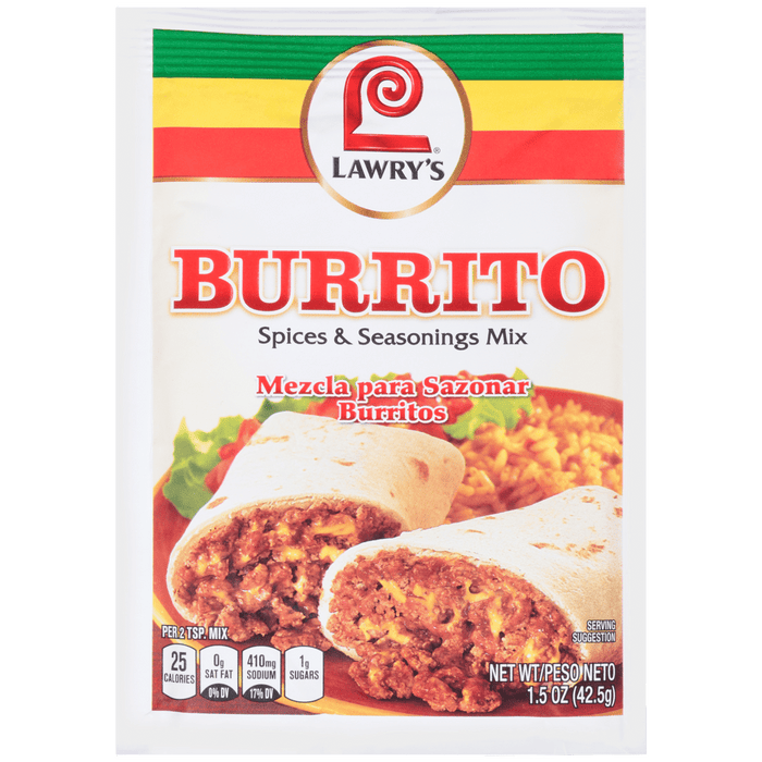 A package of Lawry's Burrito Spices &amp; Seasonings Mix.
