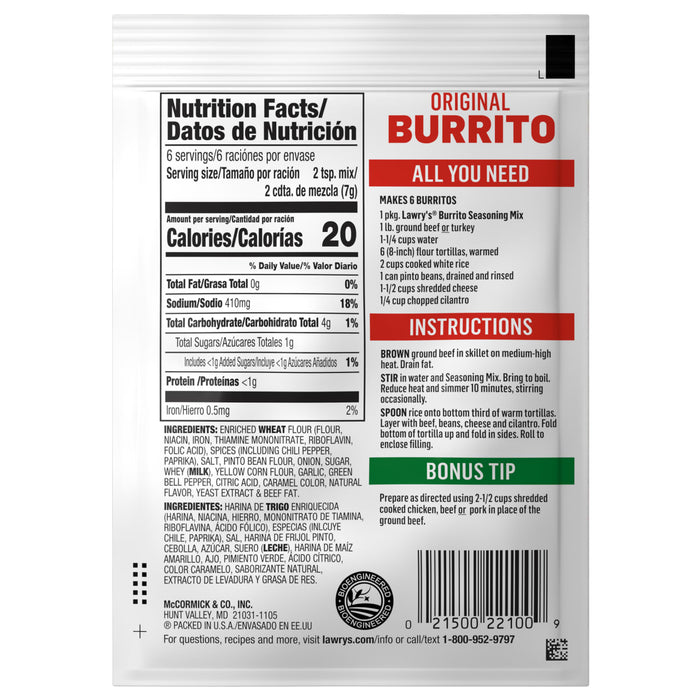 The image shows the back of a McCormick Original Burrito All Natural Mix packet, including nutrition facts, ingredients, and preparation instructions.