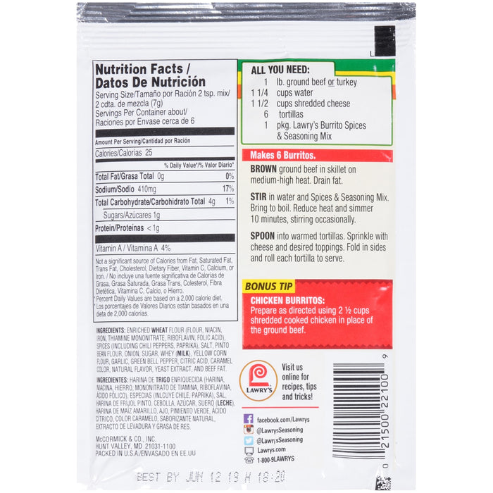 ["Lawry's Burrito Spices package with nutrition information and instructions for making burritos."]