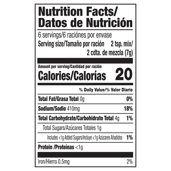 This is a nutrition facts label showing that a 2-teaspoon serving contains 20 calories, 11% of the daily value of sodium, and less than 1 gram of protein.