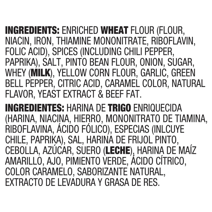 Ingredient list including enriched wheat flour, spices, and beef fat.