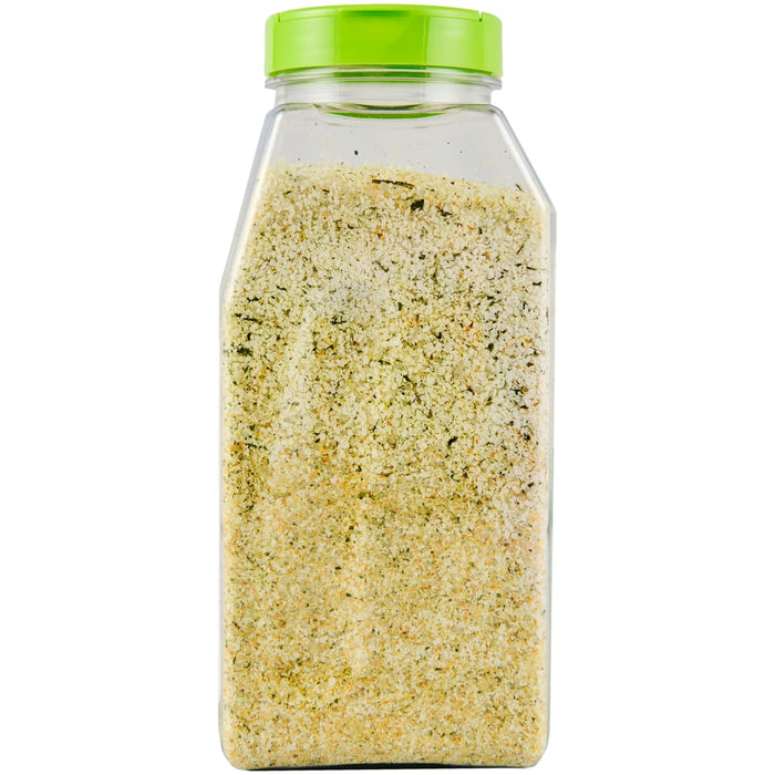 ['A clear plastic jar with a green lid filled with a seasoning blend.']
