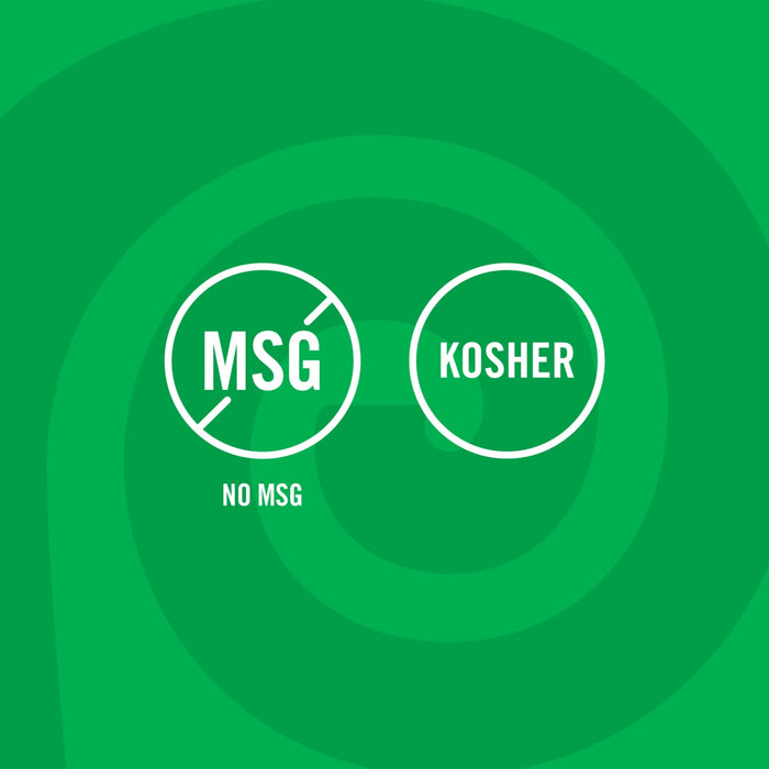 The image shows two circular icons on a green background, one indicating No MSG and the other indicating Kosher.