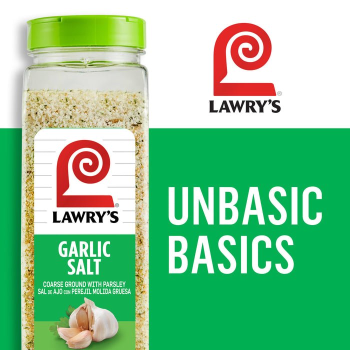 ['A jar of Lawry\'s Garlic Salt with a green background and the words Unbasic Basics in white.']