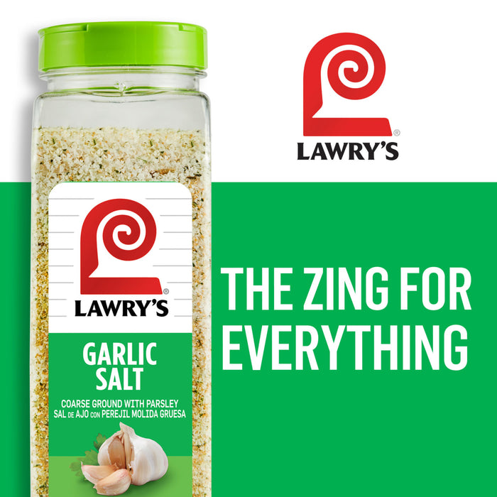 ['A Lawry\'s Garlic Salt bottle with a green background and the tagline The Zing For Everything.']