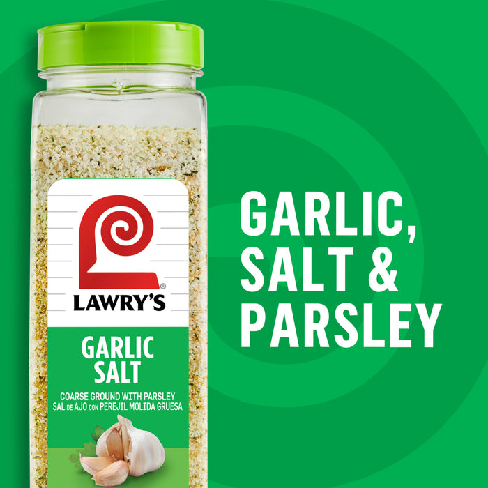 ["A jar of Lawry's Garlic Salt with parsley."]