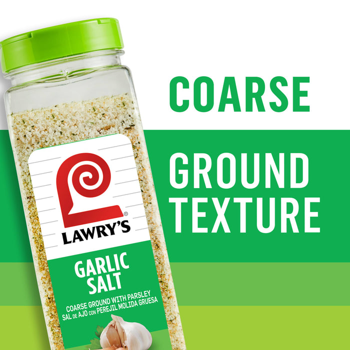 ["A bottle of Lawry's Garlic Salt with a coarse ground texture."]