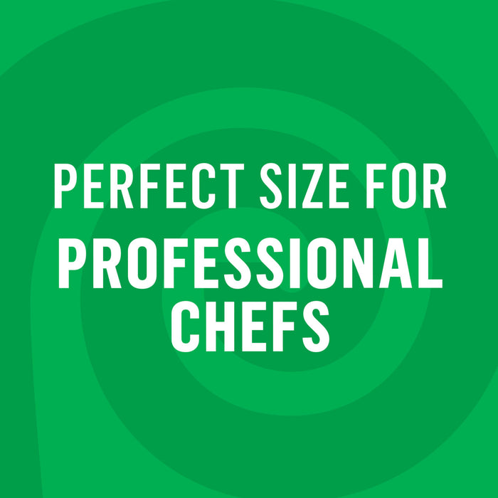 ["White text on a green background with a spiral pattern reads 'Perfect size for professional chefs.'"]