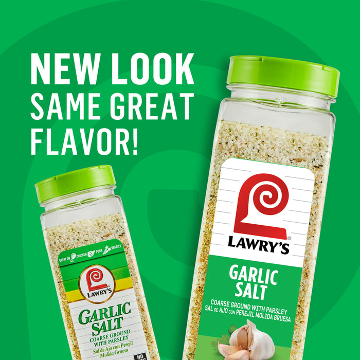 ["Two bottles of Lawry's Garlic Salt, one with a new look and one with the old look."]