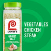 ["A bottle of Lawry's Garlic Salt with a green background."]